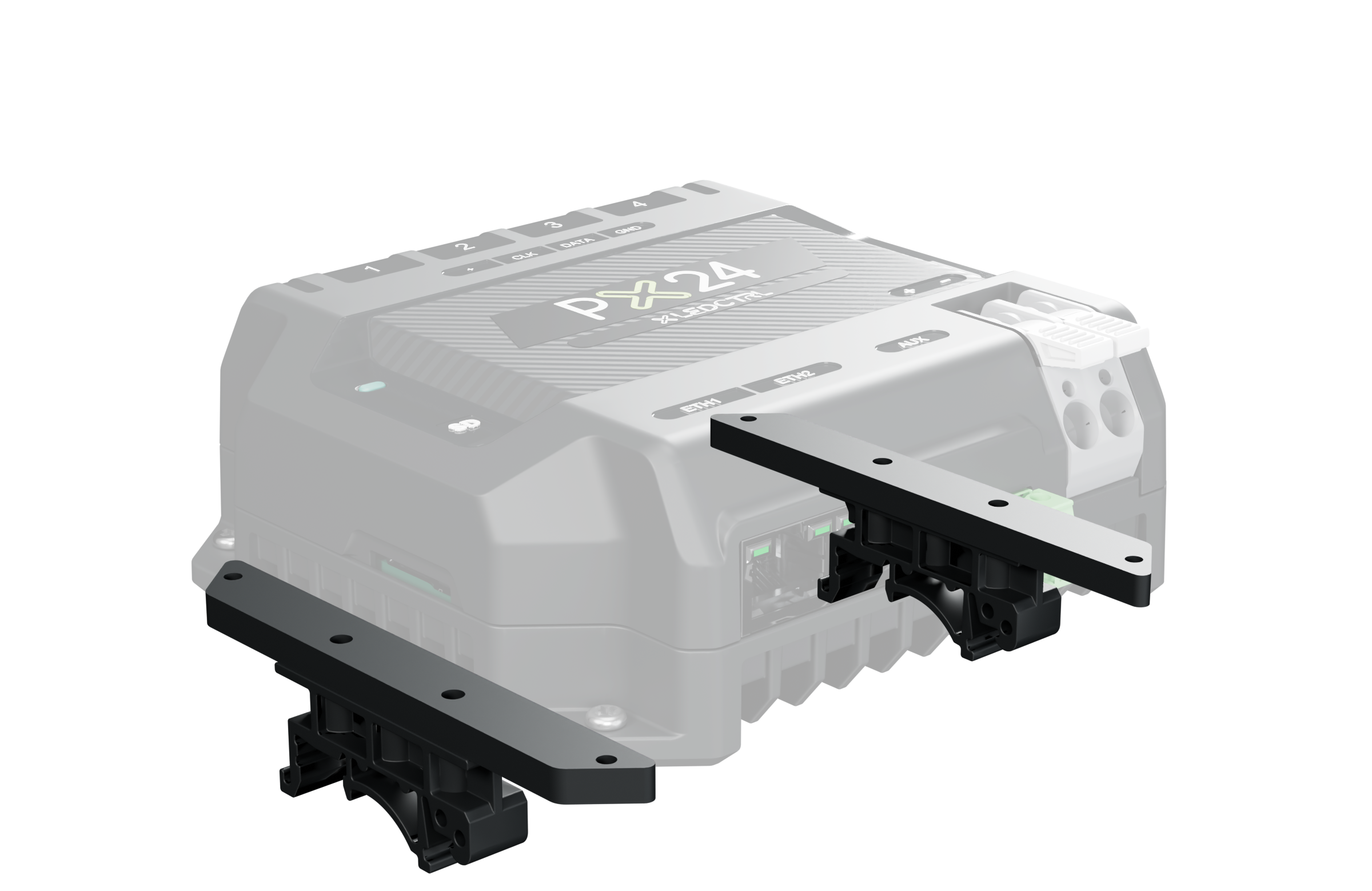 PX24 Pixel Controller with its DIN rail mounting brackets shown attached to the base, the controller body faded back