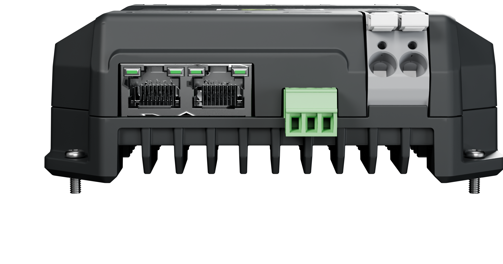 Front elevation of the PX24 Pixel Controller showing both Ethernet ports, the auxiliary terminal and the finned aluminium base