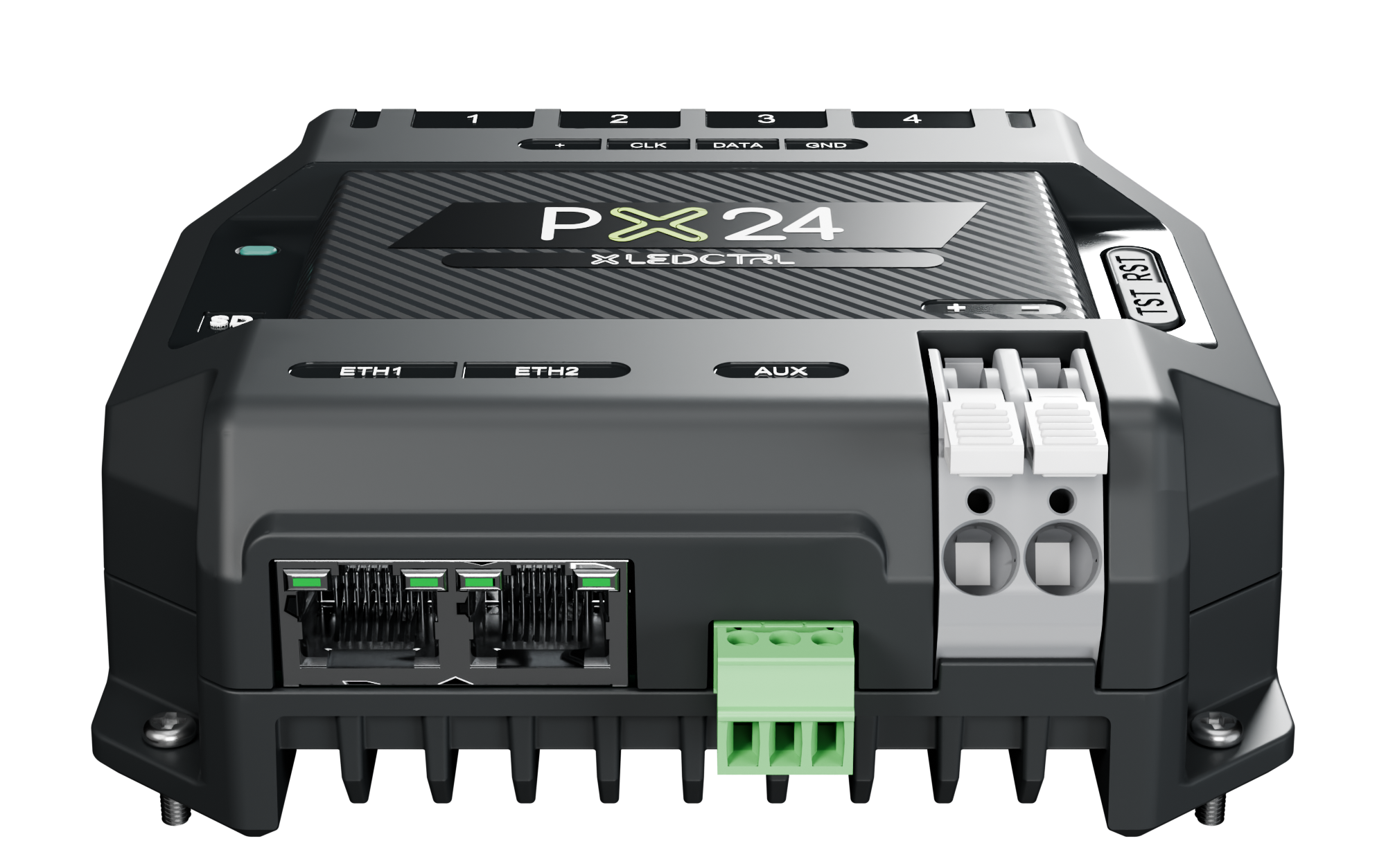 PX24 Pixel Controller from the front and slightly above, showing both Ethernet ports, the auxiliary terminal, the lever-clamp power connector and the top face