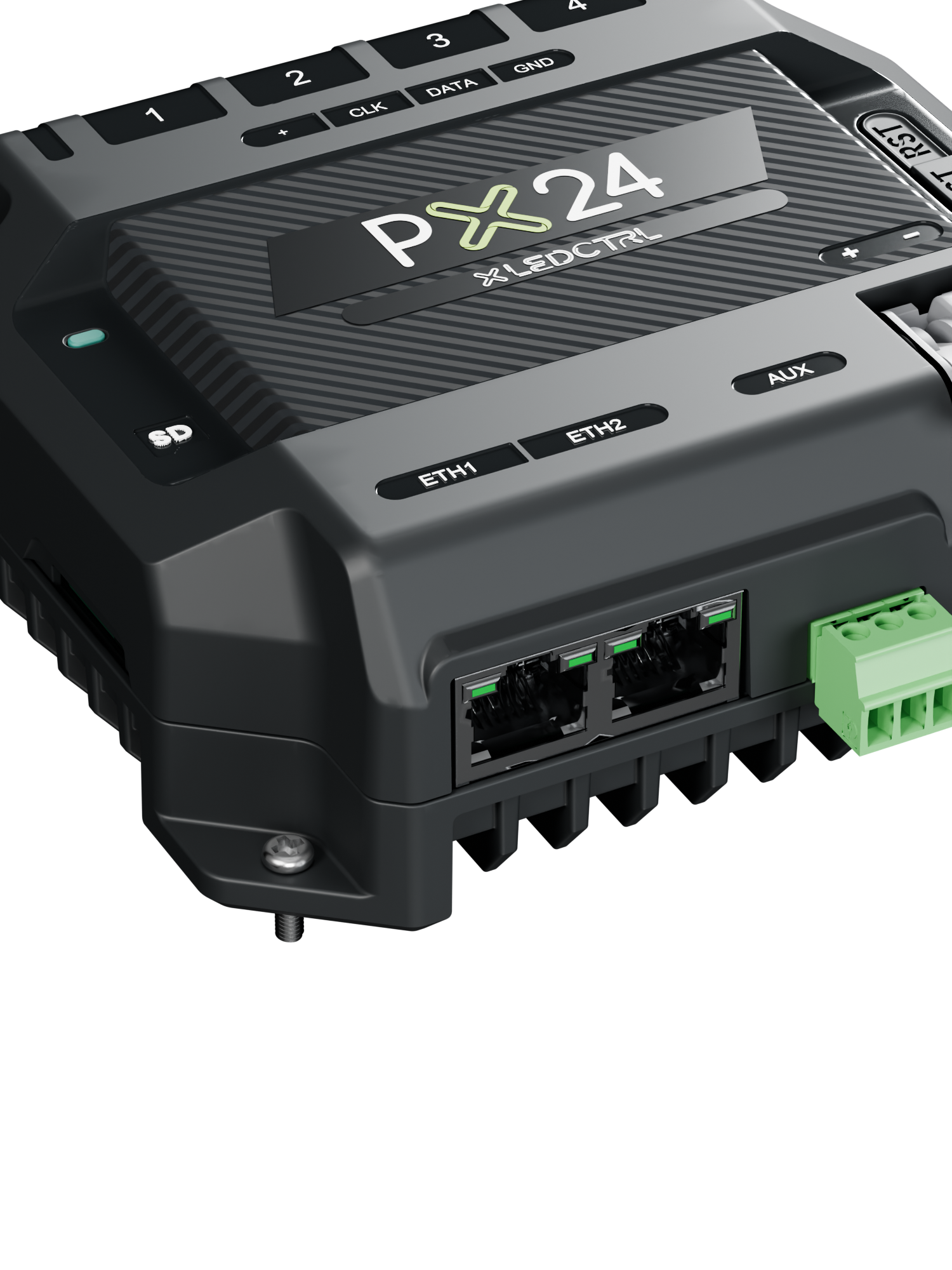 Close view of the PX24 Ethernet ports ETH1 and ETH2 beside the green auxiliary terminal