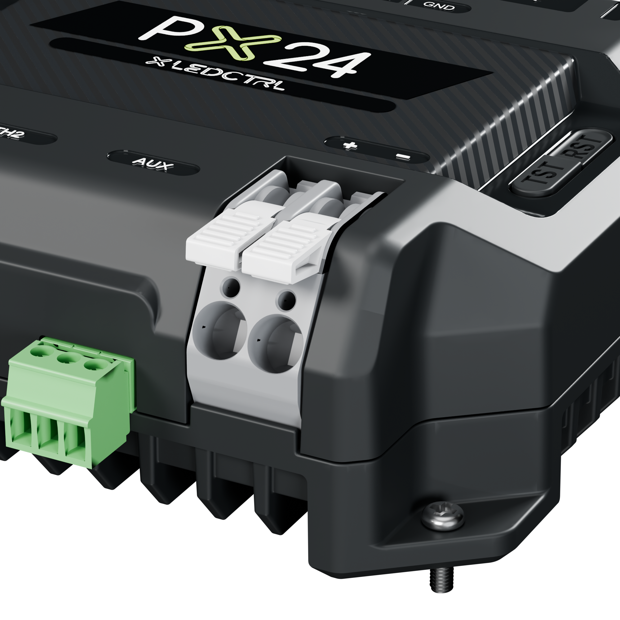 Close view of the PX24 white lever-clamp power terminal and the adjacent auxiliary terminal