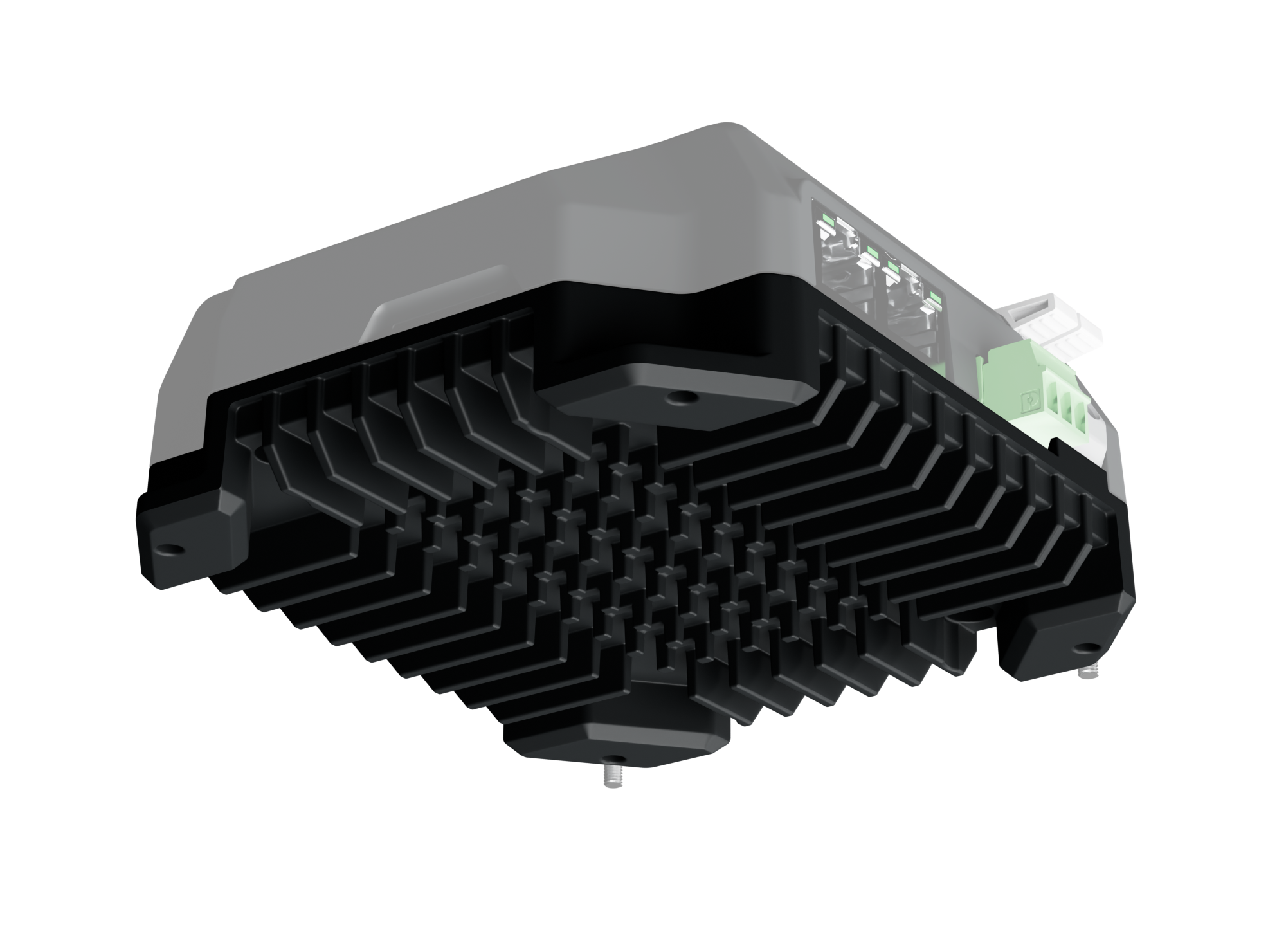 Underside of the PX24 Pixel Controller showing the finned solid aluminium base that acts as its heatsink, the rest of the body faded back
