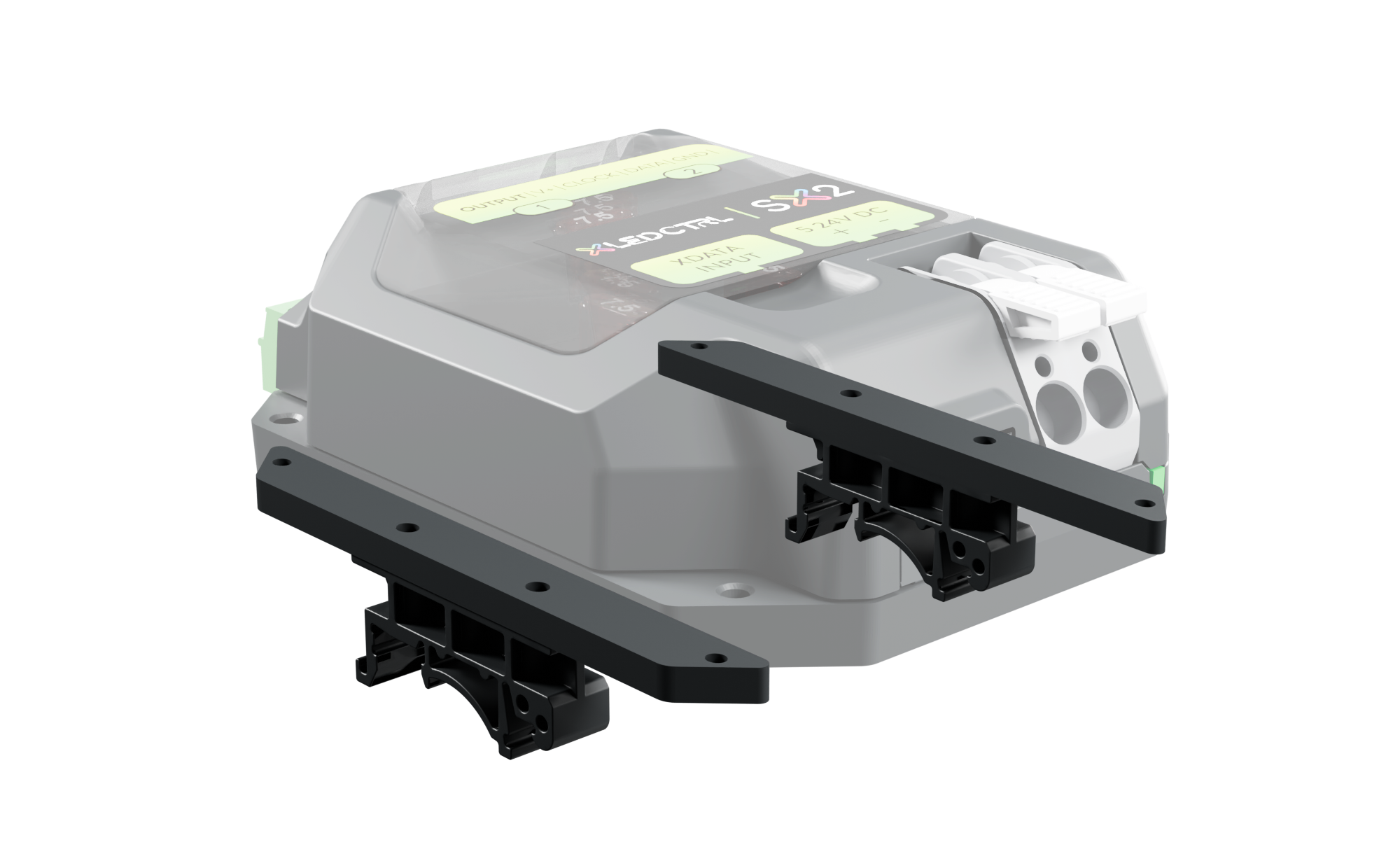 The SX2 Long Range Receiver with both DIN-rail mounting brackets fitted to its base, the receiver body faded back so the brackets and their rail clips read clearly