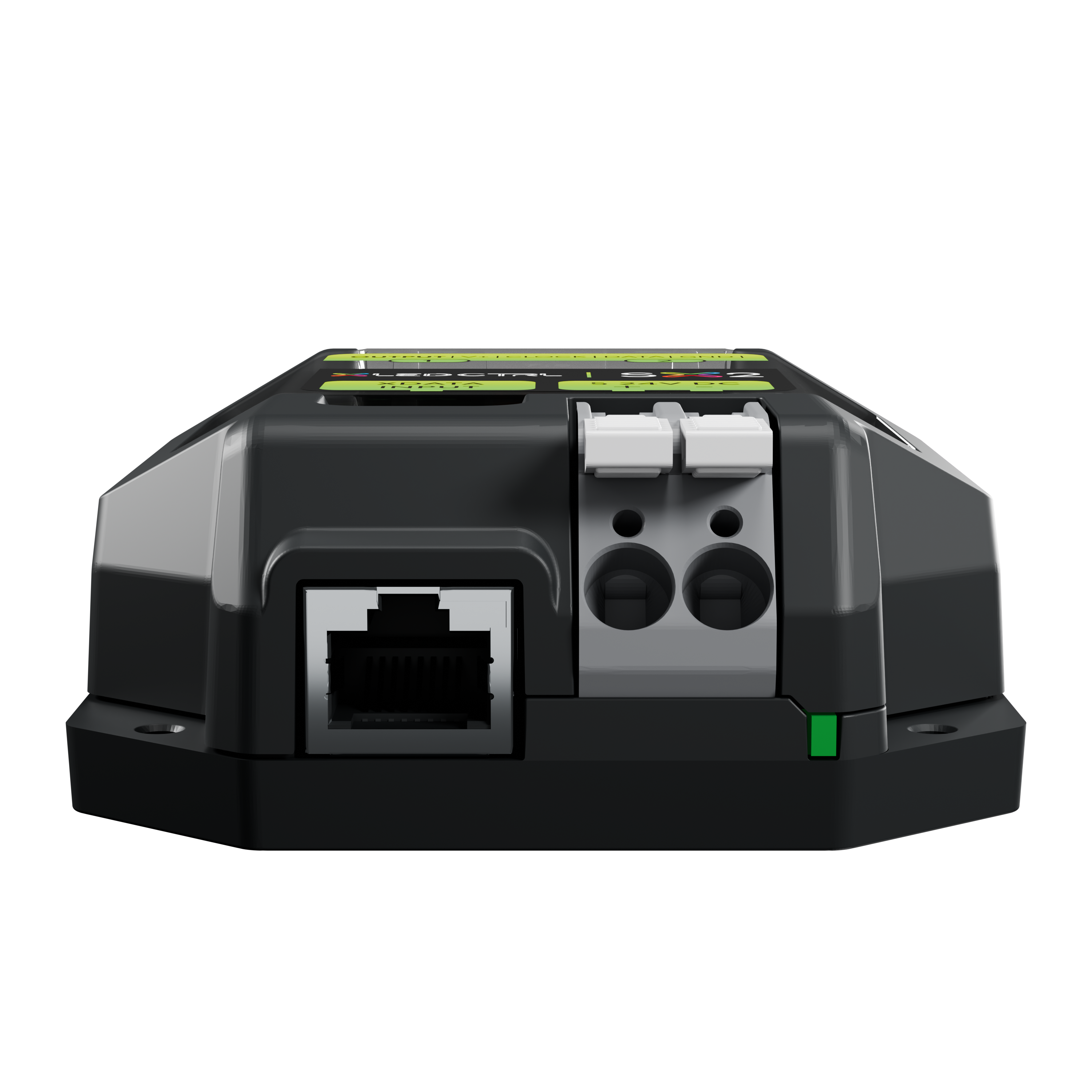 Front of the SX2 Long Range Receiver showing the RJ45 data input port, the two white lever-clamp power terminals, the green power indicator and the output terminals along the top edge