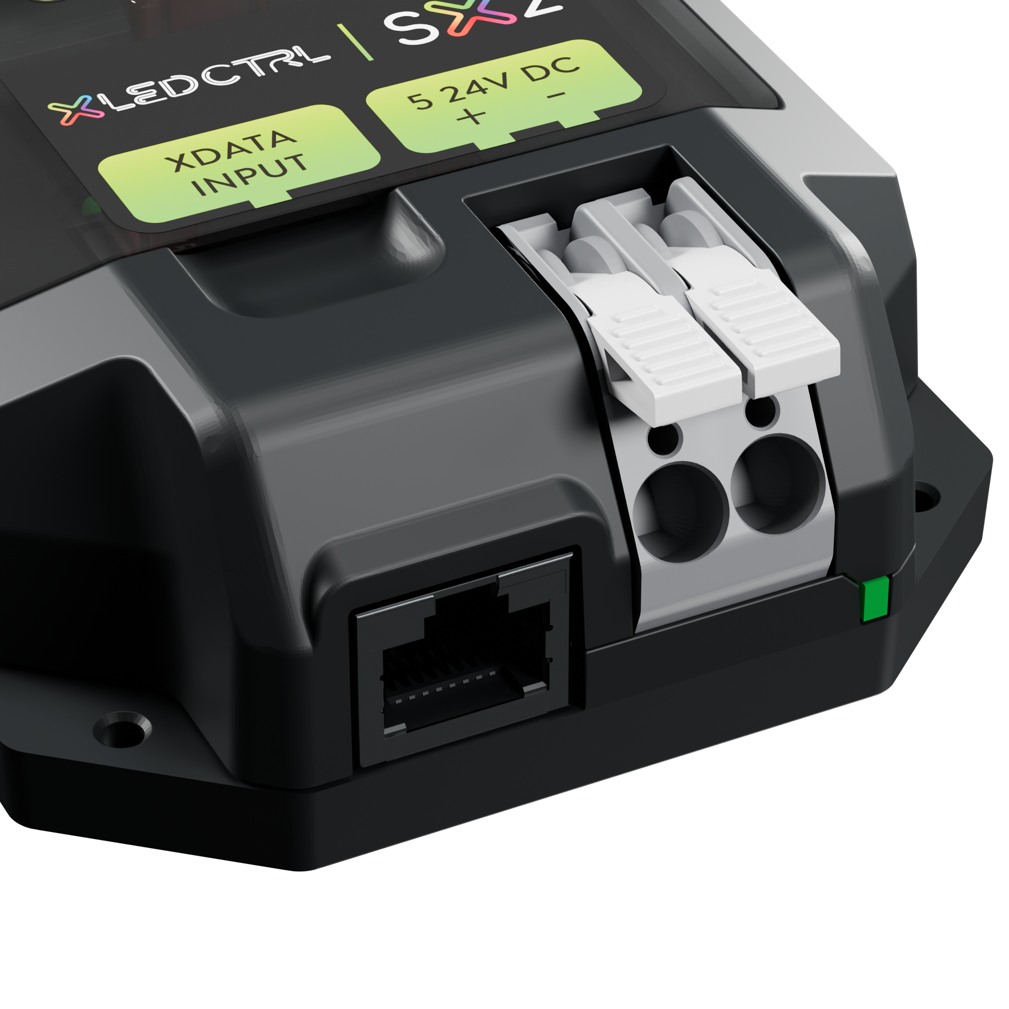 Close three-quarter view of the SX2 Long Range Receiver from the front left, showing the XDATA INPUT and 5–24 V DC markings on the top face, both white lever-clamp power terminals with their wire entries, the RJ45 data input below and the green power indicator