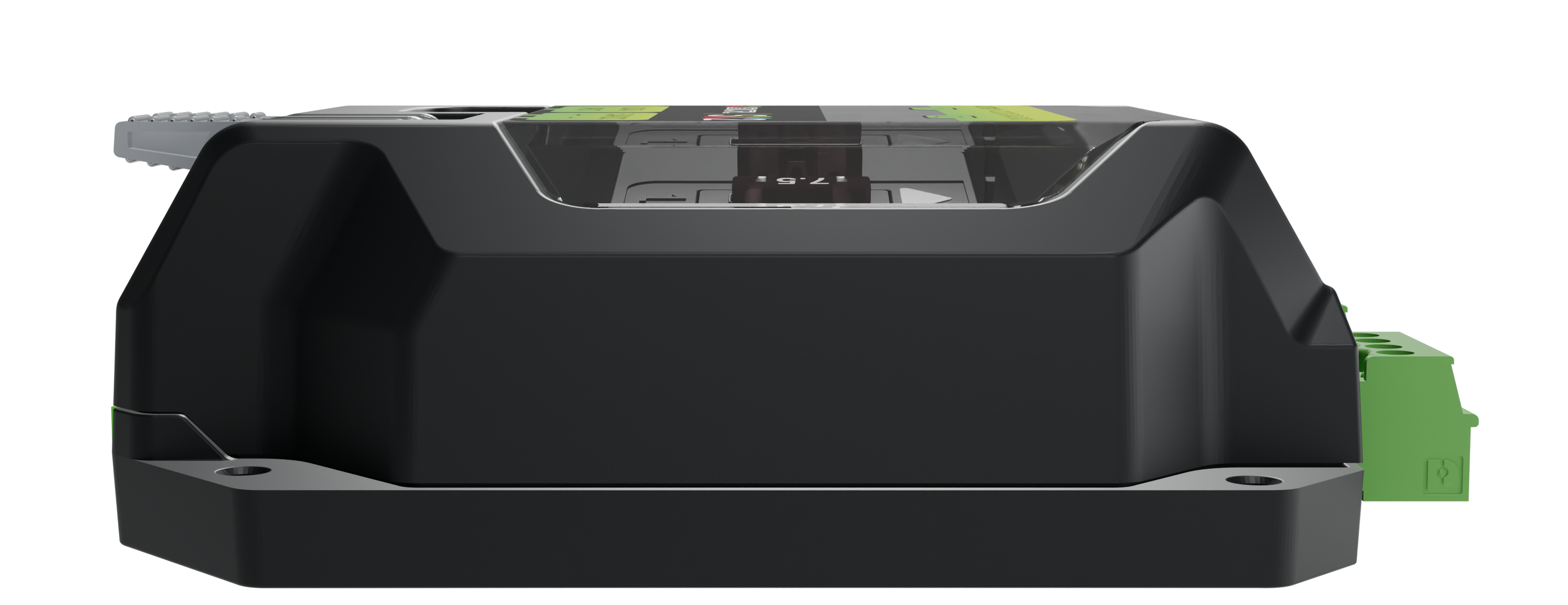 Side elevation of the SX2 Long Range Receiver showing the depth of the high-strength ABS case, a green output terminal at one edge and the moulded mounting flanges at each end