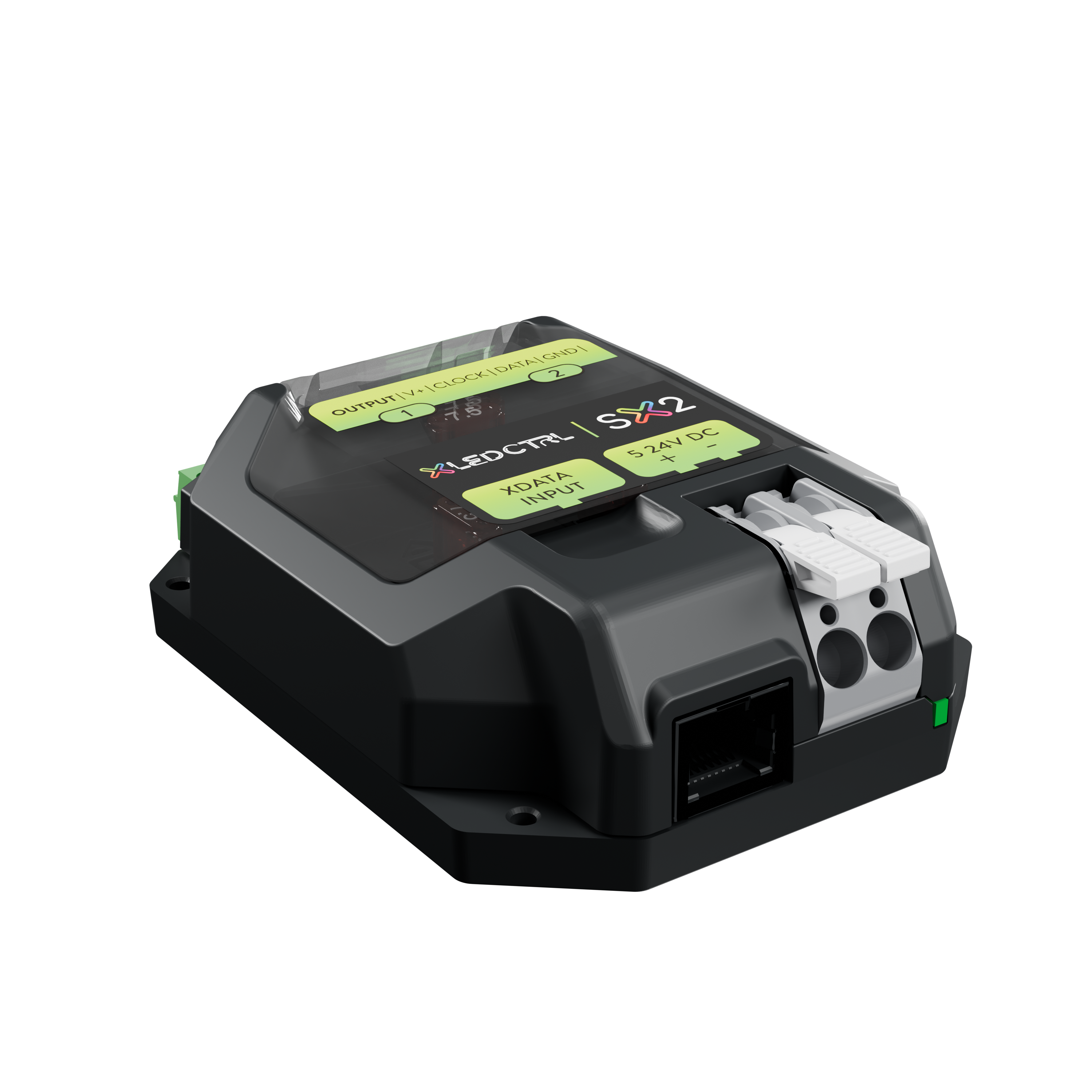 SX2 Long Range Receiver from above and to the left, showing the whole top face with its output legend, the two green output terminals along the far edge, the lever-clamp power terminals and the RJ45 data input on the near face