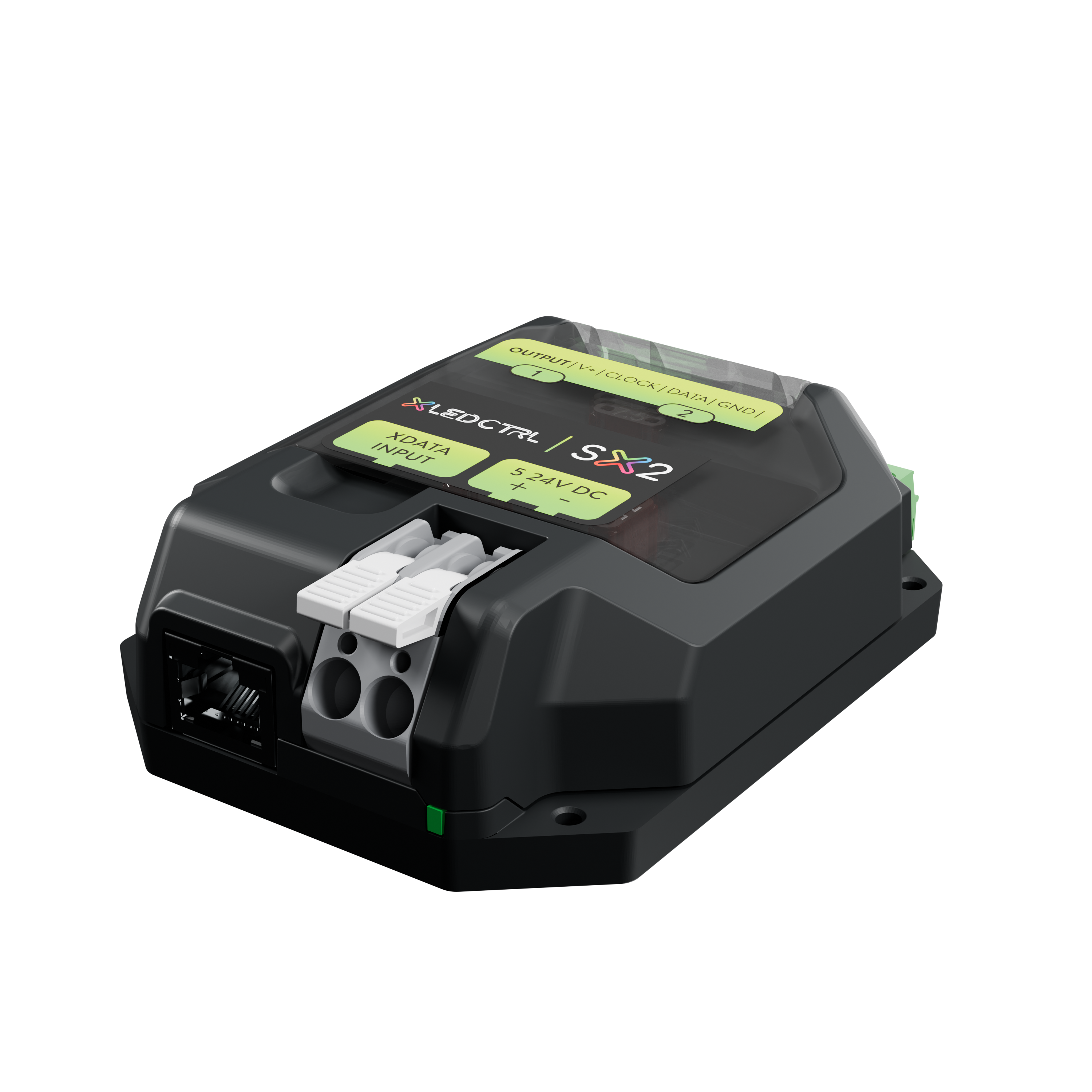 SX2 Long Range Receiver from above and to the right, showing the top face markings, the lever-clamp power terminals and RJ45 data input on the near face and a green output terminal at the far edge