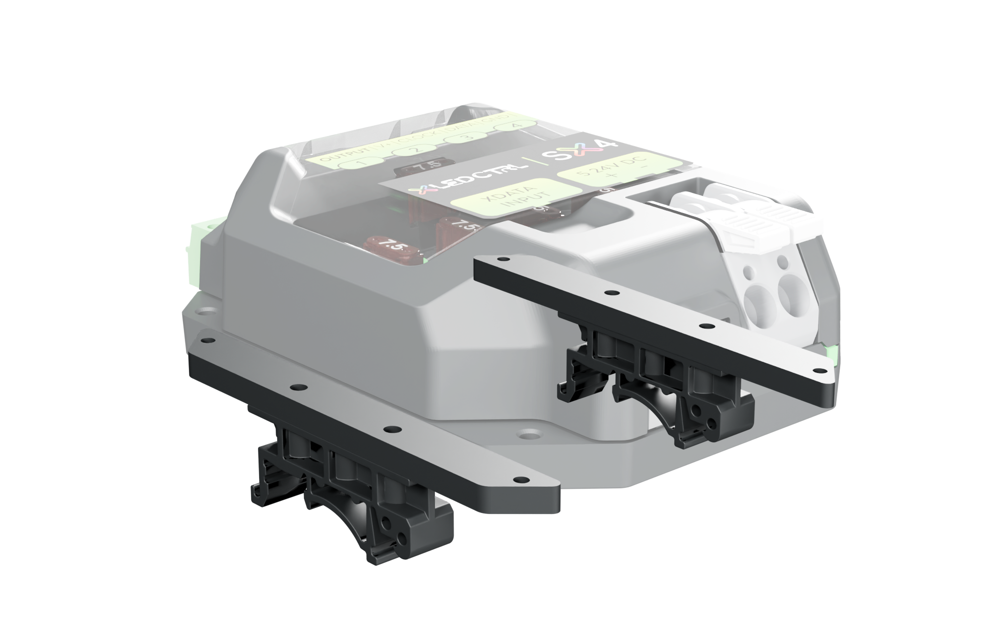 The SX4 Long Range Receiver with both DIN-rail mounting brackets fitted to its base, the receiver body faded back so the brackets and their rail clips read clearly, its four numbered outputs and their blade fuses showing through
