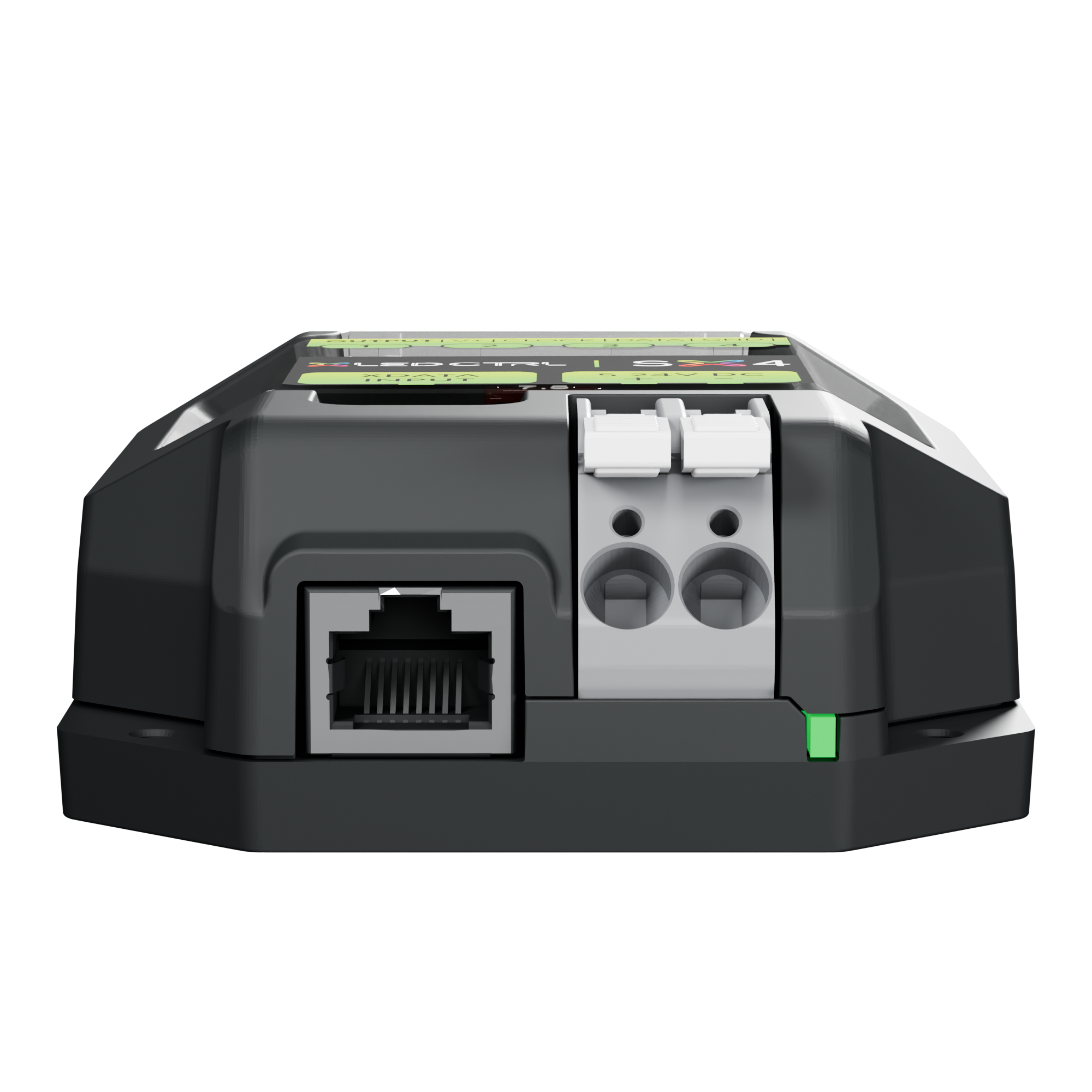Front of the SX4 Long Range Receiver showing the RJ45 data input port, the two white lever-clamp power terminals beside it and the green power indicator at the right-hand edge