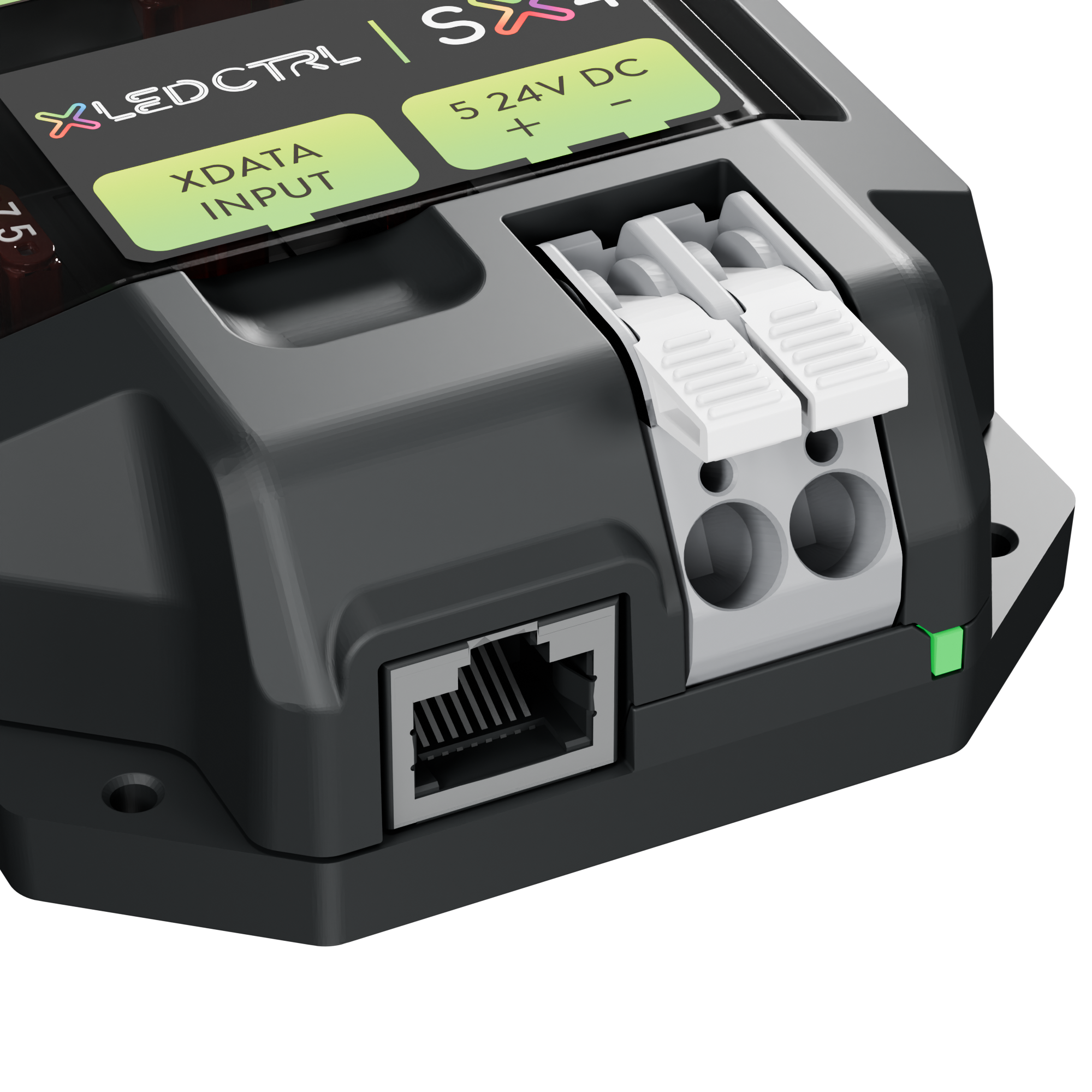 Close three-quarter view of the SX4 Long Range Receiver from the front right, showing the XDATA INPUT and 5 to 24 V DC markings on the top face, both white lever-clamp power terminals with their wire entries, the RJ45 data input below and the green power indicator