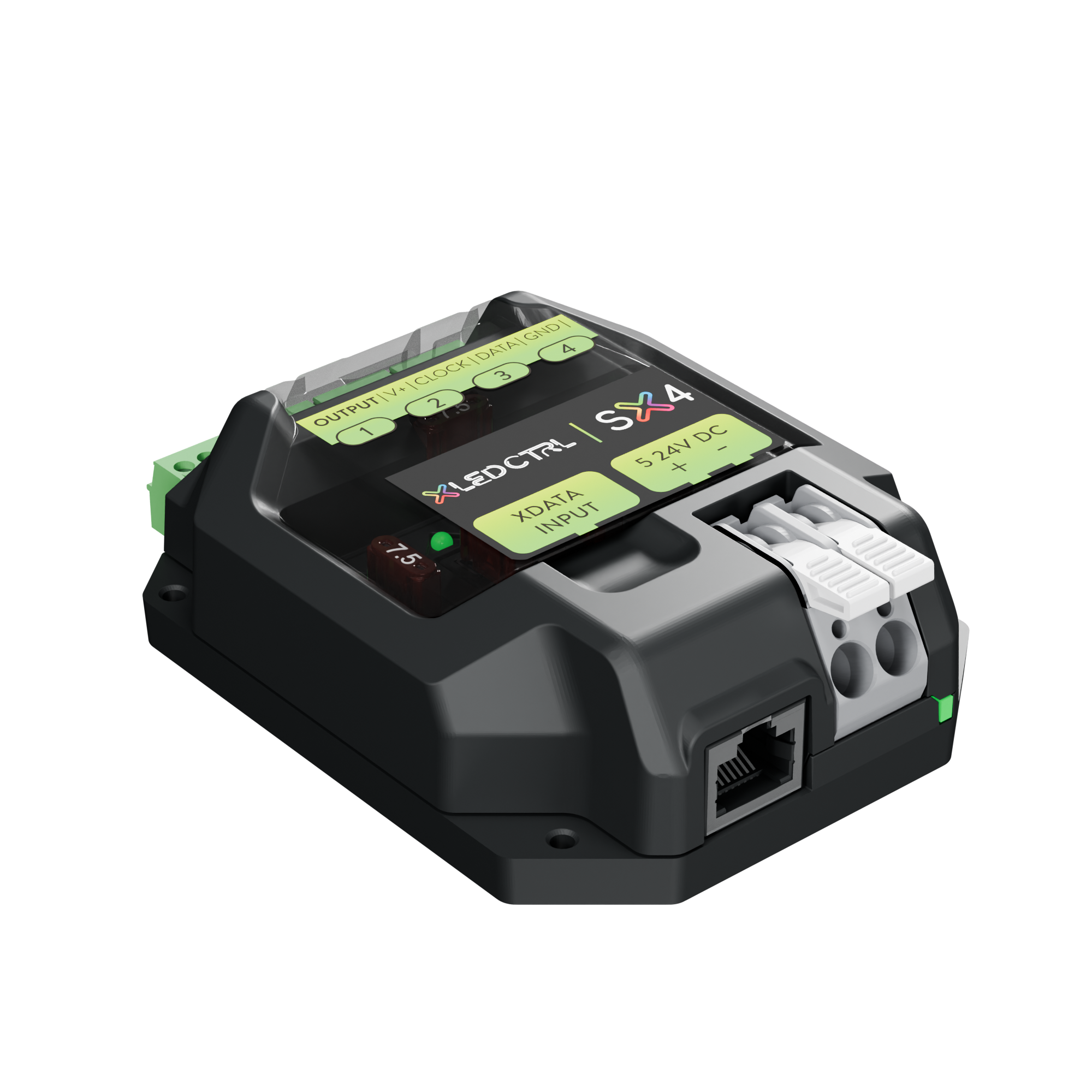 SX4 Long Range Receiver from above and to the left, showing the four green output terminals along the far edge, the top face legend numbered one to four, the XDATA INPUT and 5 to 24 V DC markings, the lever-clamp power terminals and the RJ45 data input on the near face