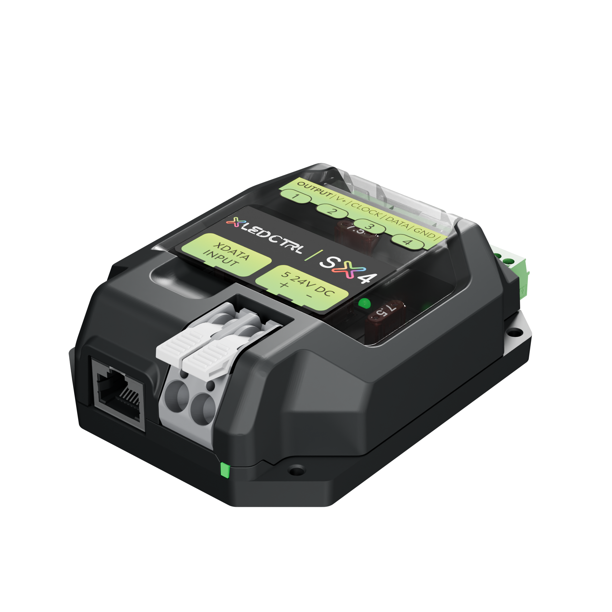 SX4 Long Range Receiver from above and to the right, showing the whole top face with its OUTPUT, V+, CLOCK, DATA and GND legend and the four numbered outputs, the blade fuses behind the tinted lid, the lever-clamp power terminals and RJ45 data input on the near face and a green output terminal at the far edge