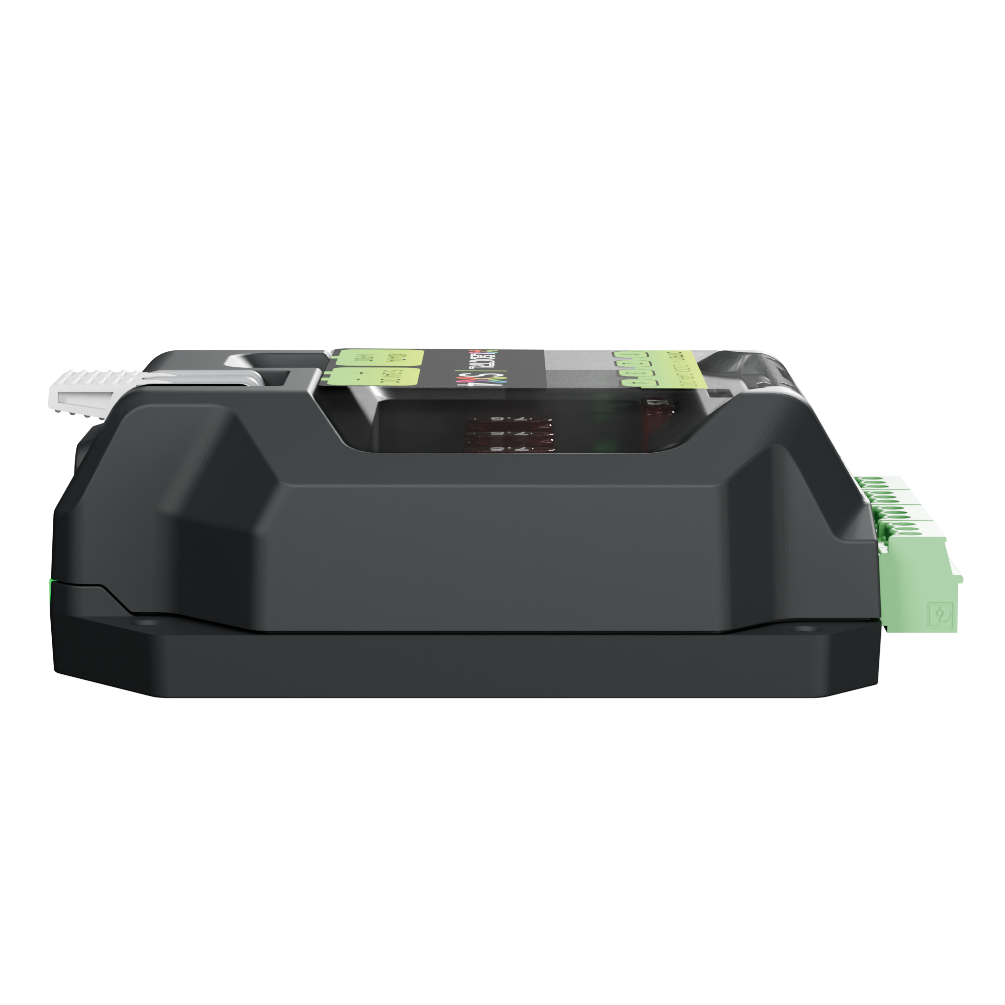 Side elevation of the SX4 Long Range Receiver showing the depth of the high-strength ABS case, the green output terminals along the far top edge and the moulded mounting flanges at each end